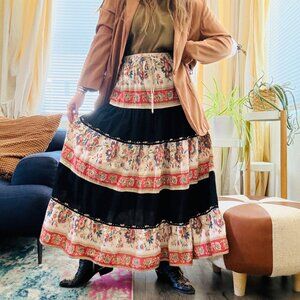 Vintage Prairie Midi Skirt 90s Ronnie Nicole Floral Beaded Flared Peasant M/L